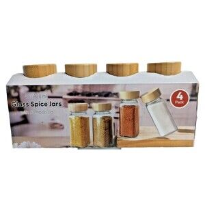 Clear Glass Spice Jars Tan Bamboo Lids Set of 4 Food Craft Storage 4oz BPA Free